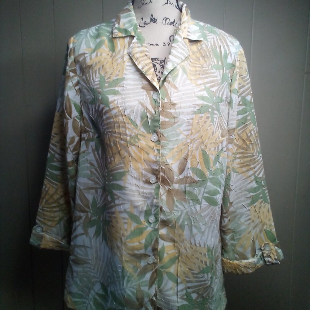 Cathy Daniels Blouse M Button Up Sheer Textured 3/4 Sleeve Floral Brown Green